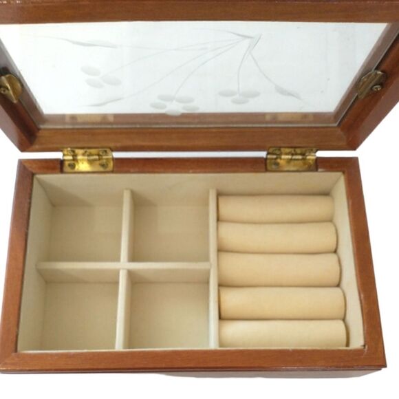 Vintage Jewelry Box Etched Glass Top Wood Tab Velvet Lined 80s 90s Hinge Dresser - Picture 12 of 16
